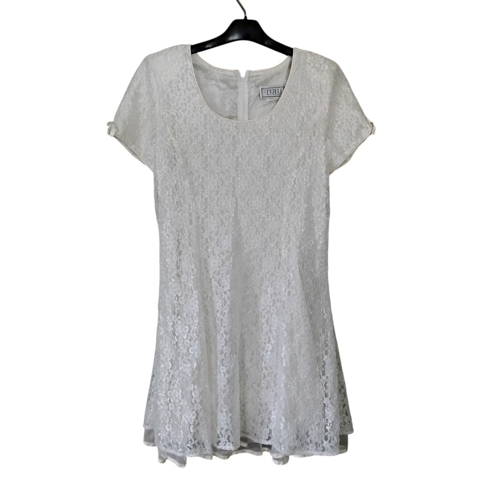 Vintage DBY Ltd White Lace Mini Dress Short Sleeve Taffeta Lined Bridal Size 13